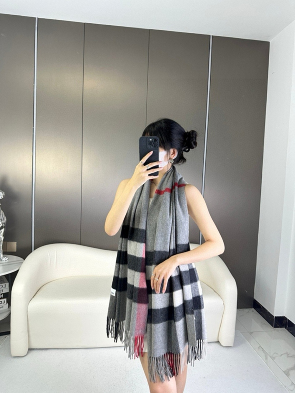 Burberry Grey Check Fringe Wool Scarf